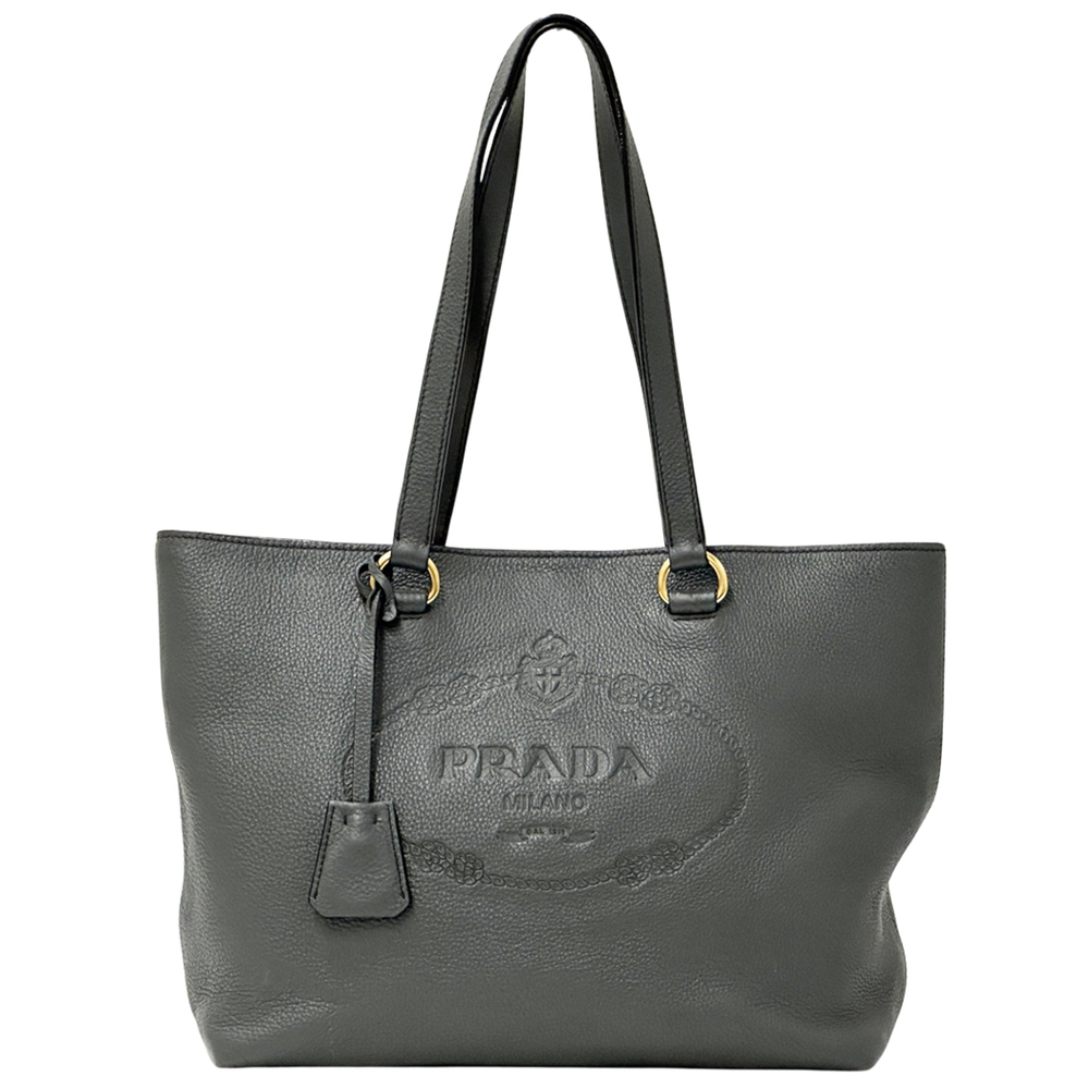 Prada PRADA handbag, women's brand tote bag, leather, gray, embossed, 1BG100.